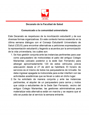 Decanato de la Facultad de Salud: Comunicado a la Comunidad Universitaria